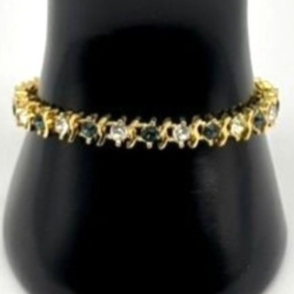 Vintage Gold Tone Metal and Faux Sapphire Faux Diamond Tennis Style Bracelet 80s - Picture 3 of 13
